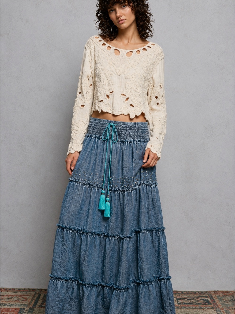 New POL crochet cotton la crop blouse top OS - Picture 3 of 3